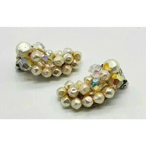 Vintage Clip Earrings Faux Baroque Pearl and AB Faceted Glass Bead Long Hugger